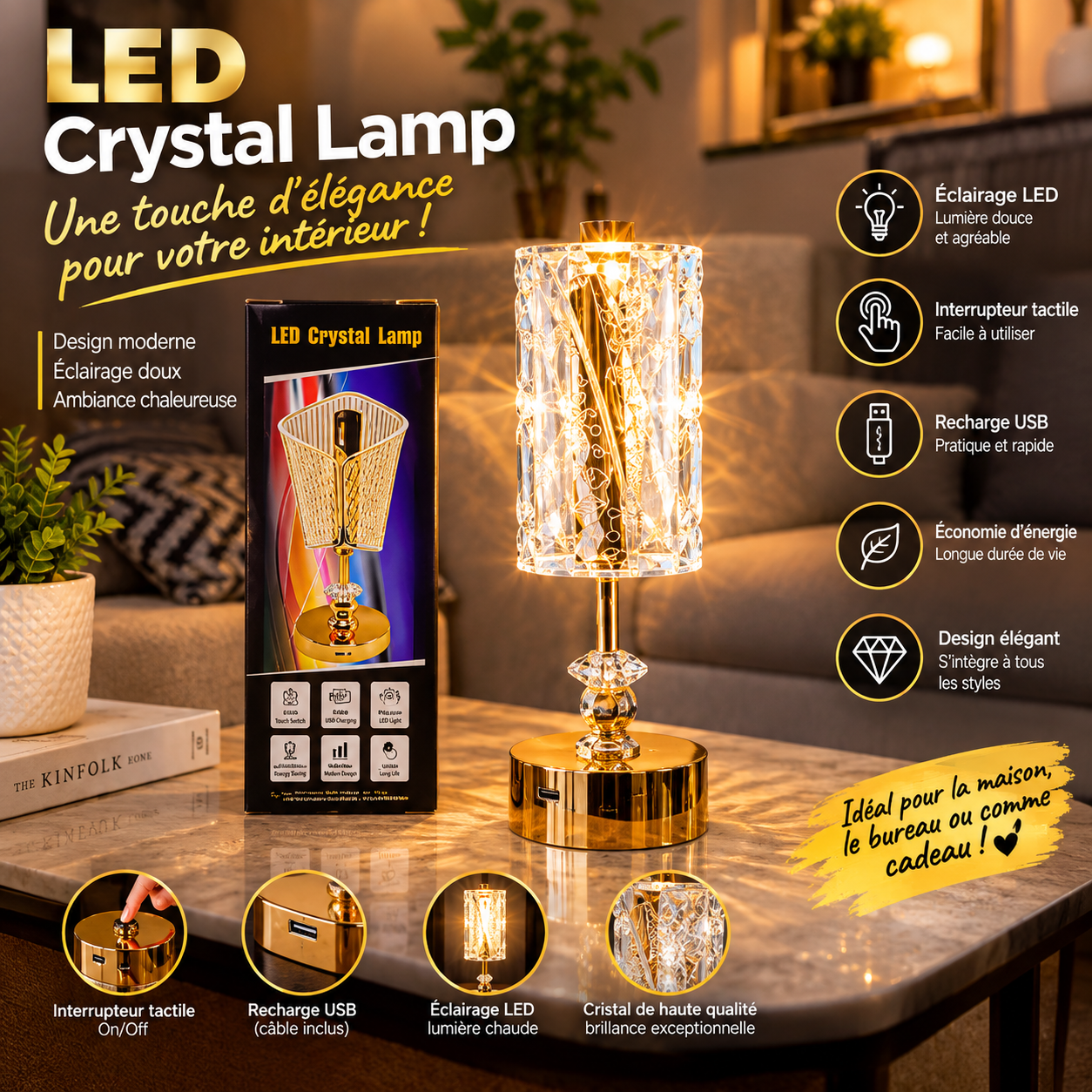 Lampe de Table LED Effet Cristal Tactile Rechargeable 16 Couleurs