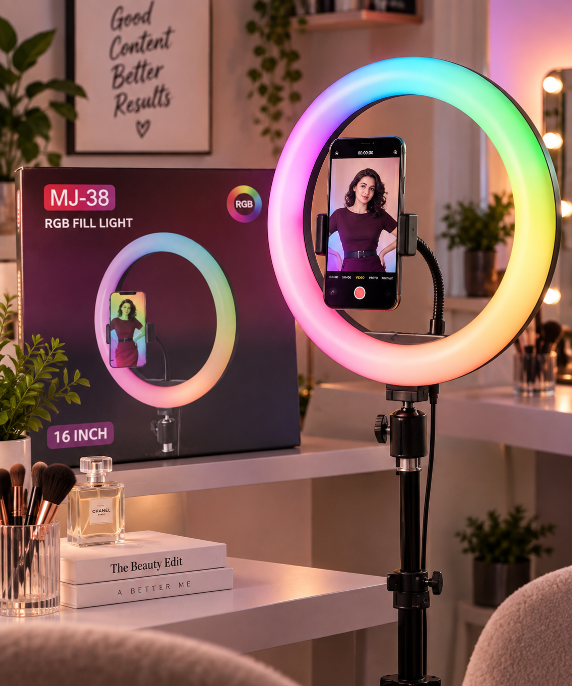 Anneau Lumineux LED RGB 16 Pouces MJ-38 avec Trépied & Télécommande 1 Anneau Lumineux LED RGB 16 Pouces MJ-38 avec Trépied & Télécommande