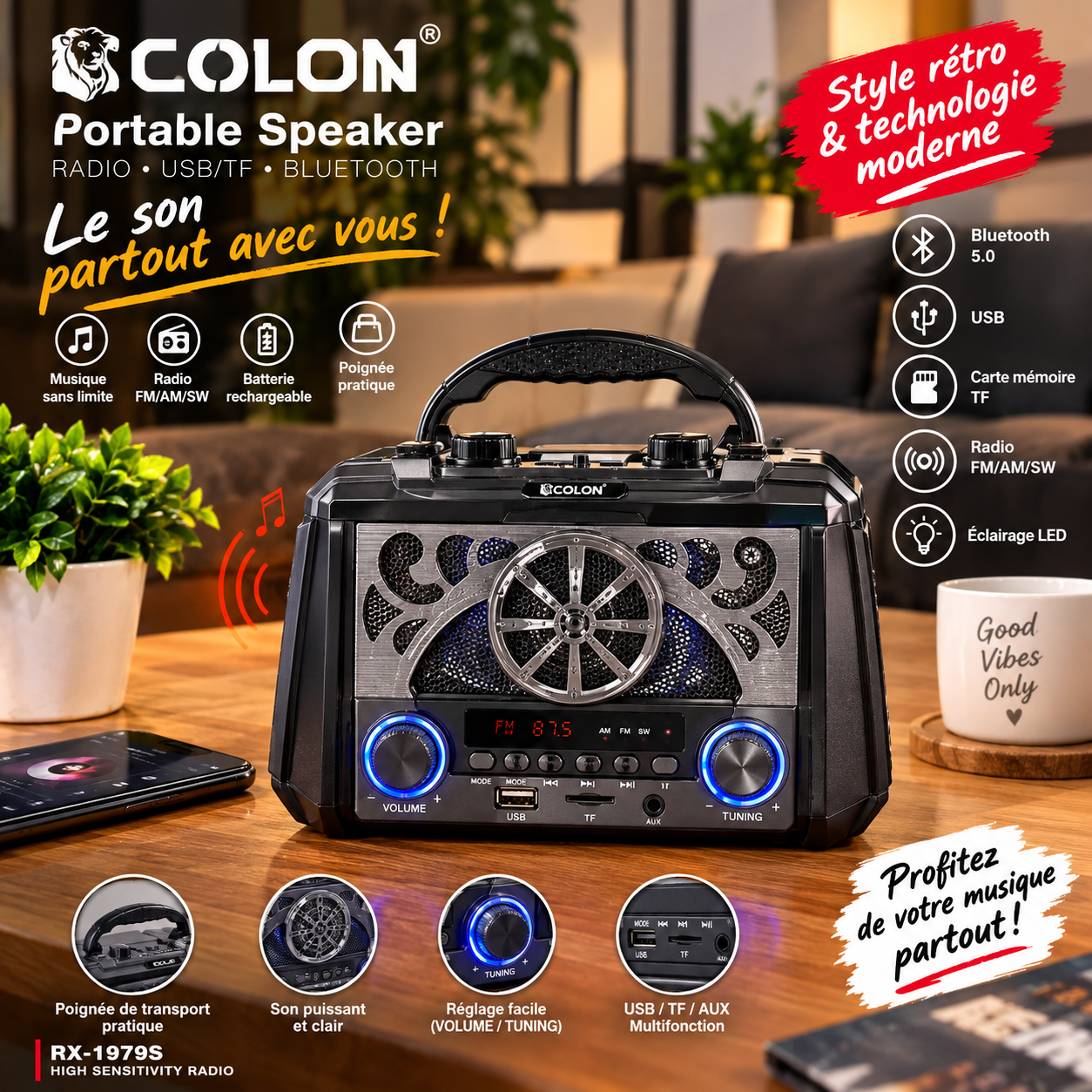 Radio Portable Rétro Vintage COLON RX-1979S – Bluetooth 5.0 FM/AM/SW