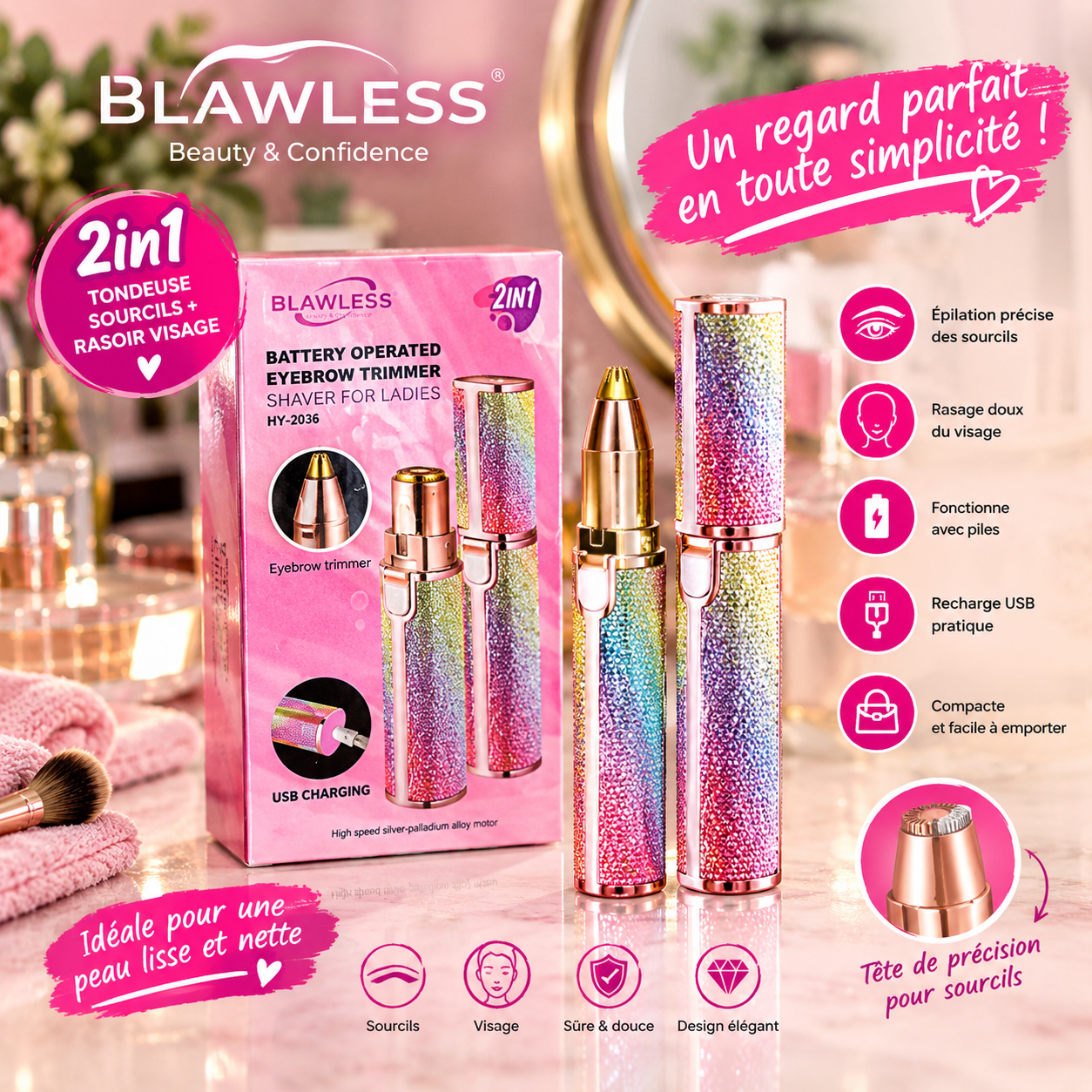 Tondeuse de Précision Sourcils & Duvet Visage Rechargeable Femme