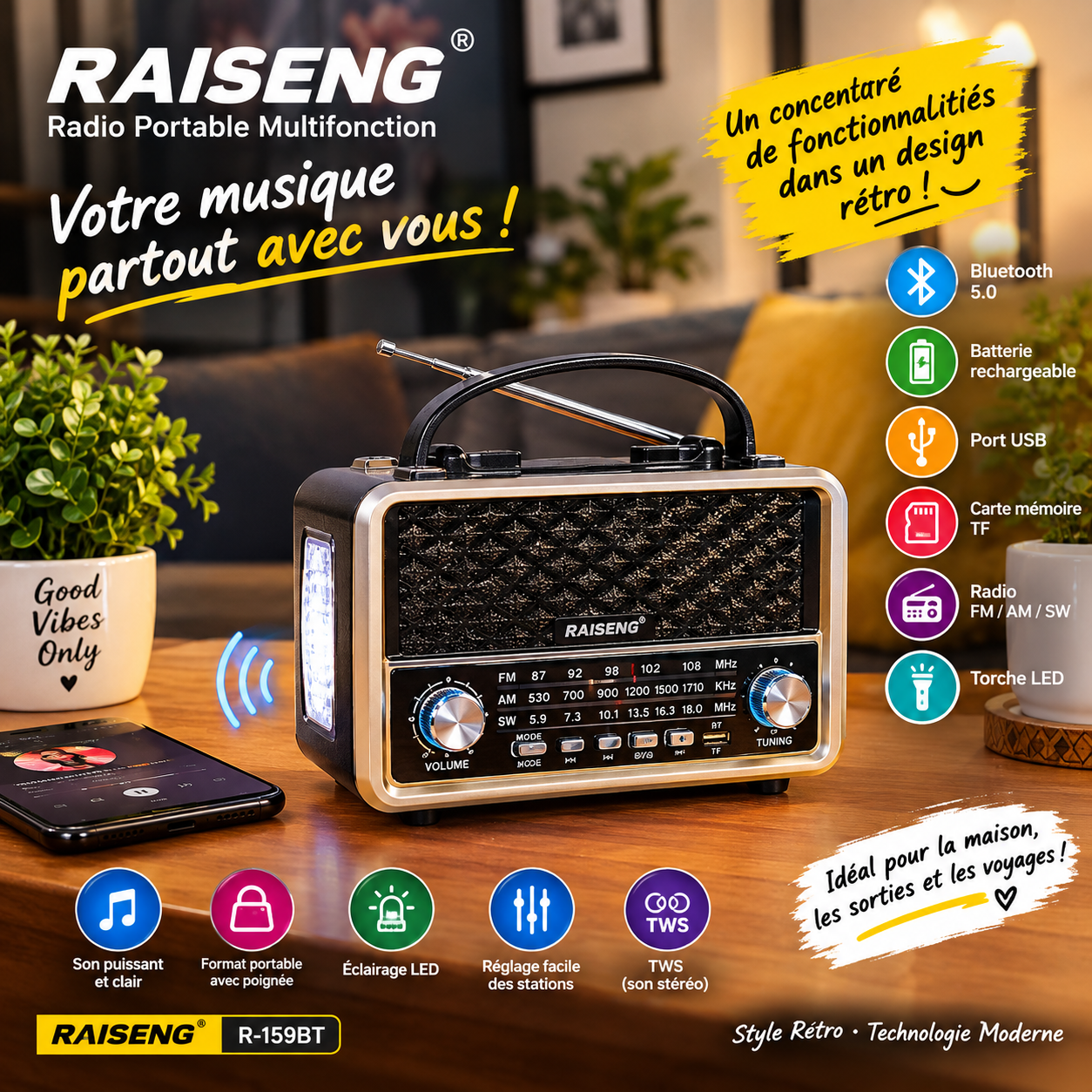 Radio Rétro Multifonction RAISENG R-159BT – Bluetooth, MP3, FM/AM/SW 1 Radio Rétro Multifonction RAISENG R-159BT – Bluetooth, MP3, FM/AM/SW