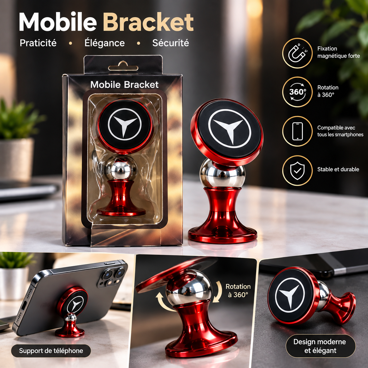Support Téléphone Voiture Magnétique Rotatif 360° – Logo Mercedes-Benz