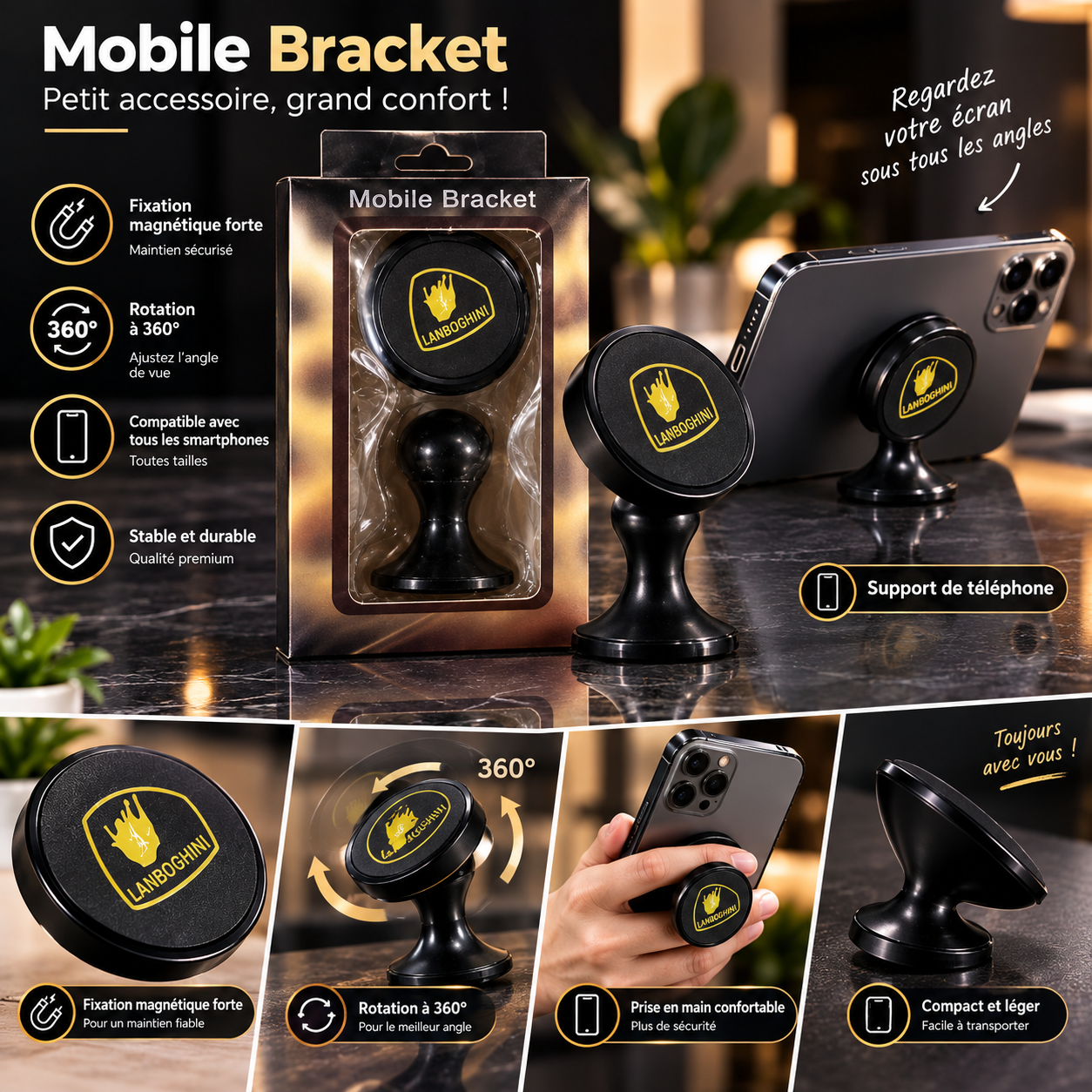 Support Téléphone Voiture Magnétique Rotatif 360° – Logo Lamborghini Bull