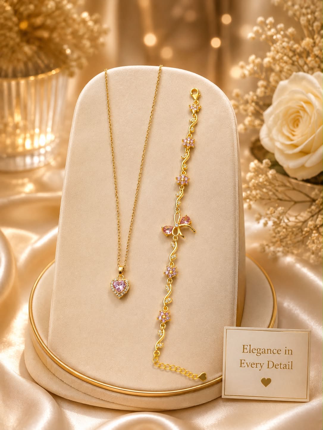 Parure Bijoux Femme – Élégance Dorée & Fleurs Roses