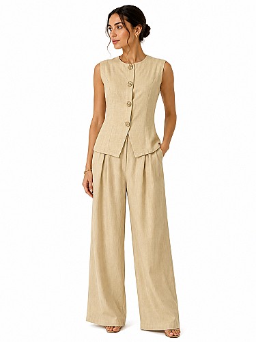 Ensemble Tailleur 2 Pièces Gilet sans Manches et Pantalon Large