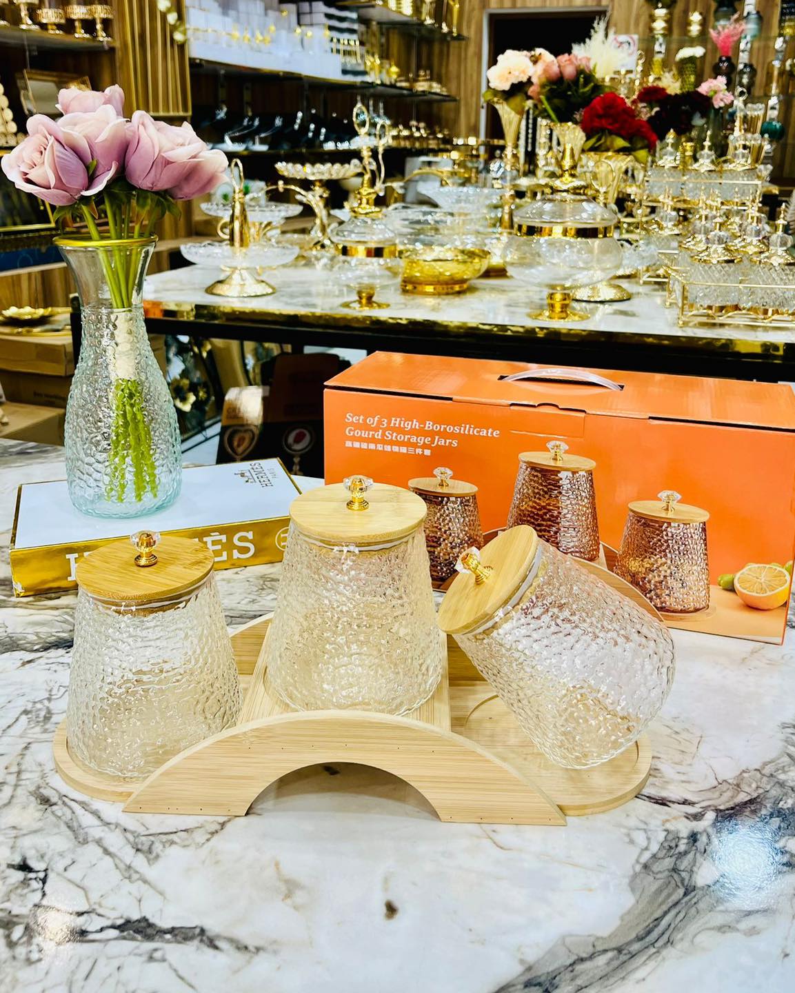 Set de 3 Boite de Rangement en Verre Borosilicate avec Support en Bois