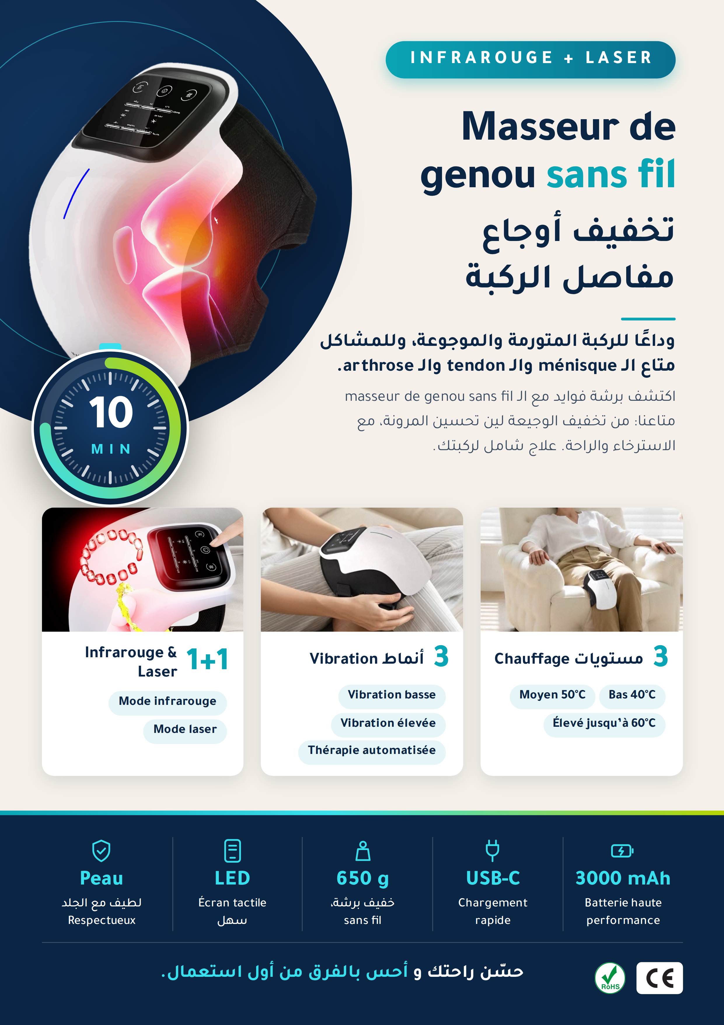 Appareil de Massage Chauffant & Vibrant pour Genou et Articulations