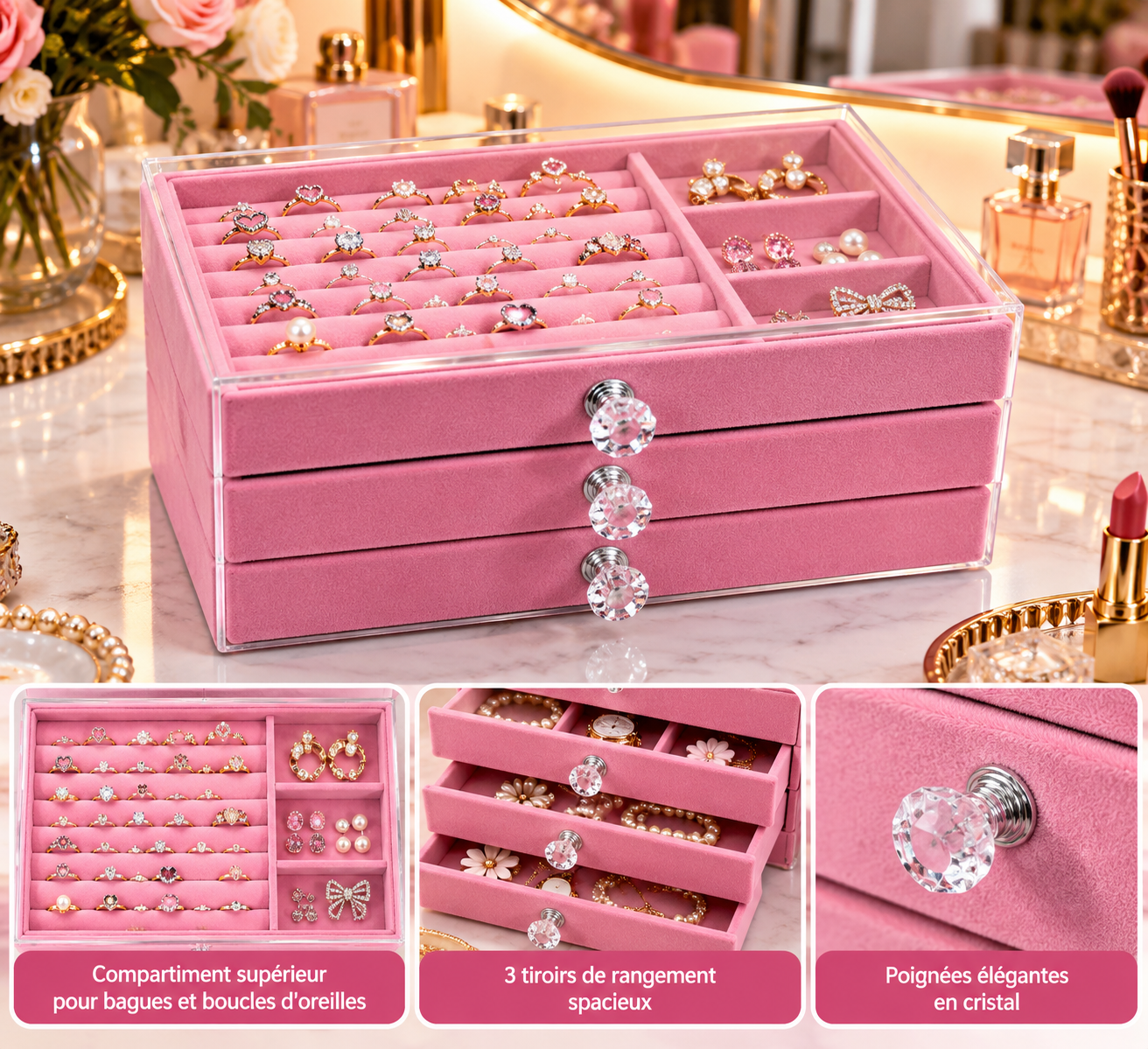 Boîte à Bijoux Rose 3 Tiroirs avec Organisateur Transparent en Velours 1 Boîte à Bijoux Rose 3 Tiroirs avec Organisateur Transparent en Velours