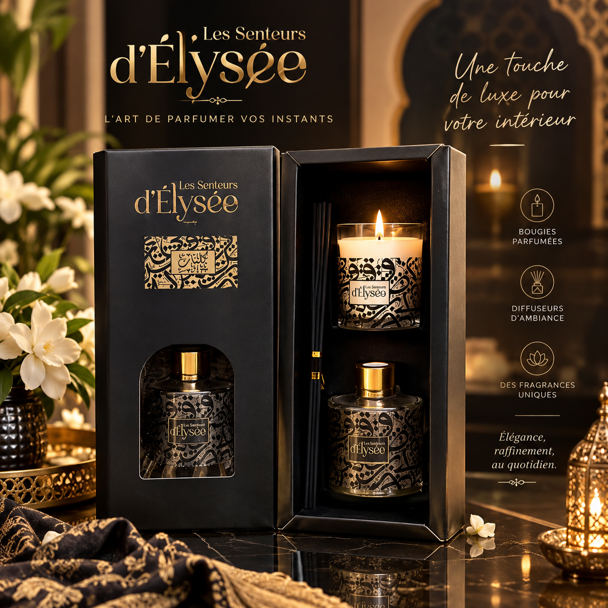 Coffret Luxe Les Senteurs d'Élysée Kalimat : Bougie Parfumée & Diffuseur 1 Coffret Luxe Les Senteurs d'Élysée Kalimat : Bougie Parfumée & Diffuseur