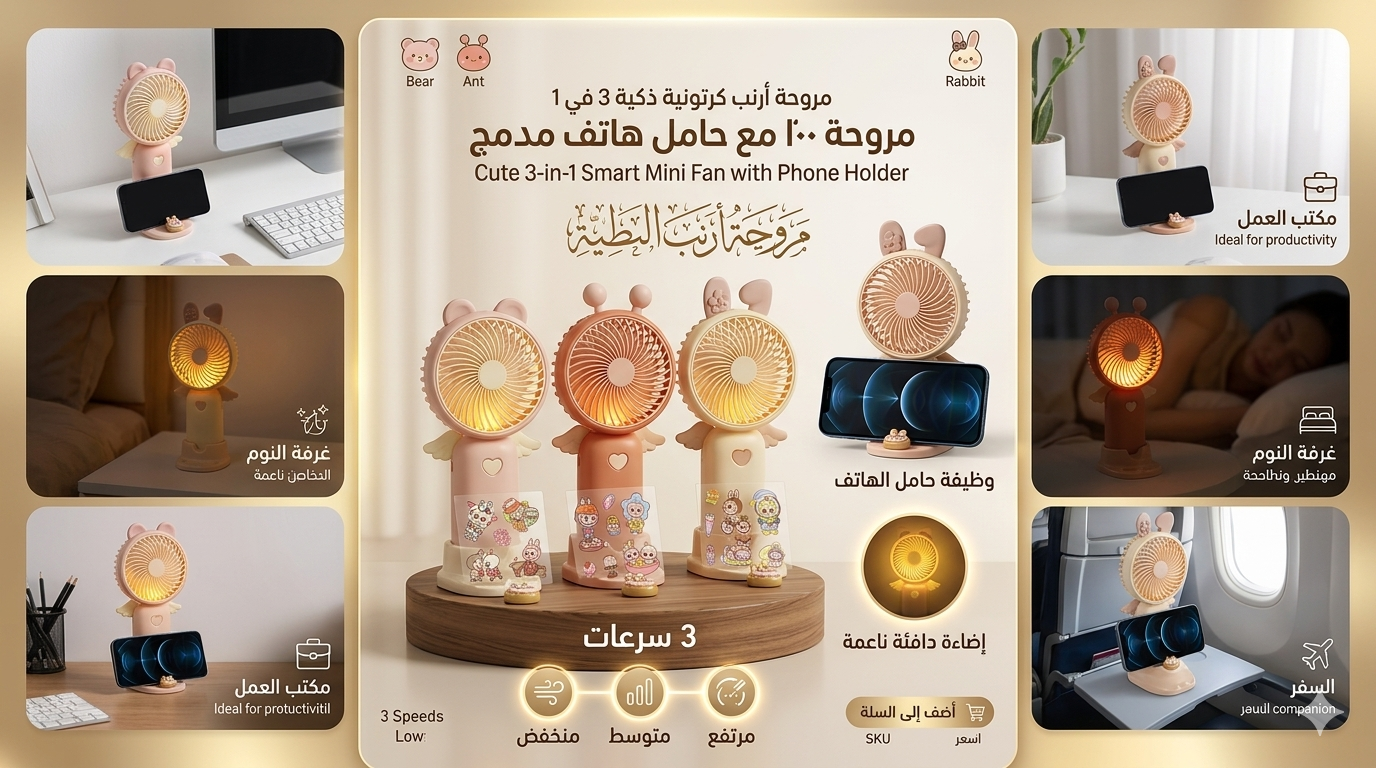 مروحة الدب المضيئة الذكية (3 في 1)