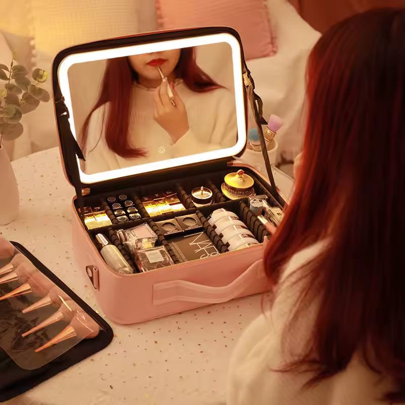 Trousse à Cosmétiques avec Miroir LED – Organisateur Maquillage Portable