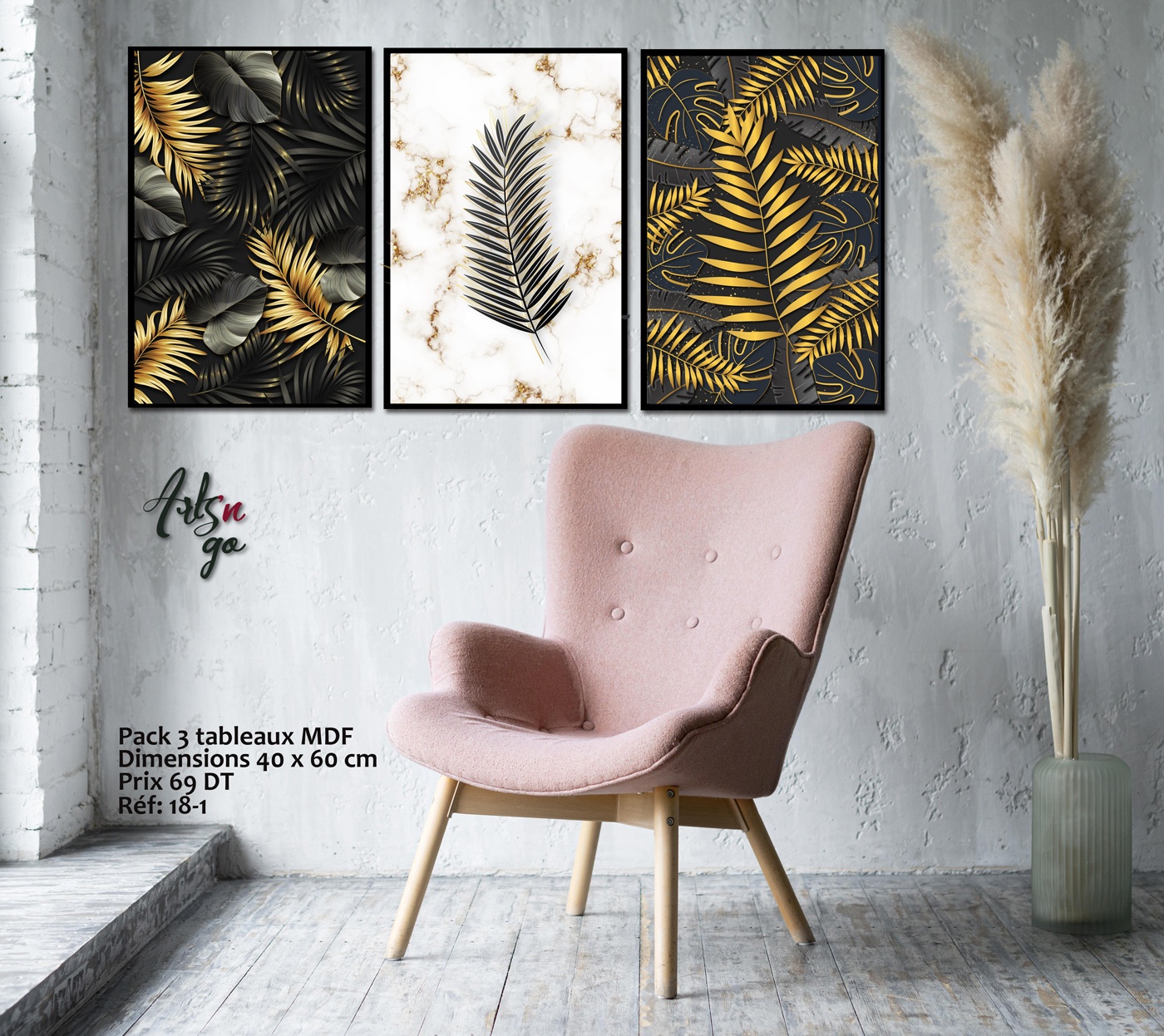 Pack 3 Tableaux d'art Blanc et Or - Bois MDF - 60x40 cm