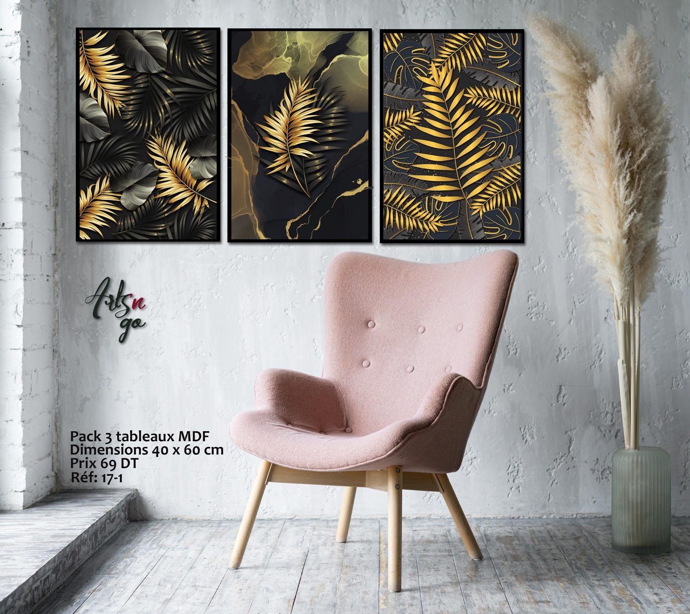 Pack 3 Tableaux d'art Noir et Or - Bois MDF