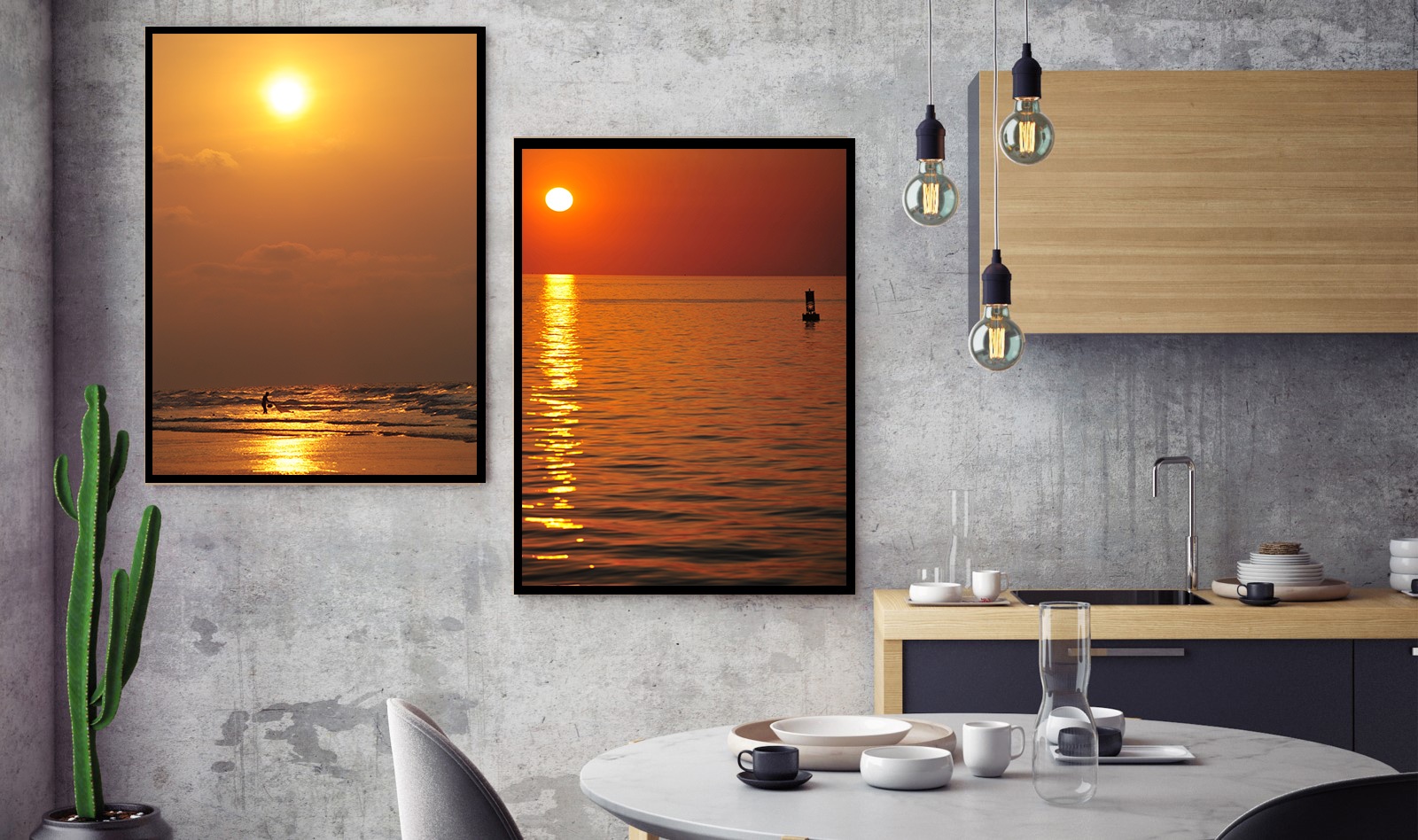 Pack de 2 Tableaux d'art coucher de soleil - Paysage - Bois MDF - 60x40 cm