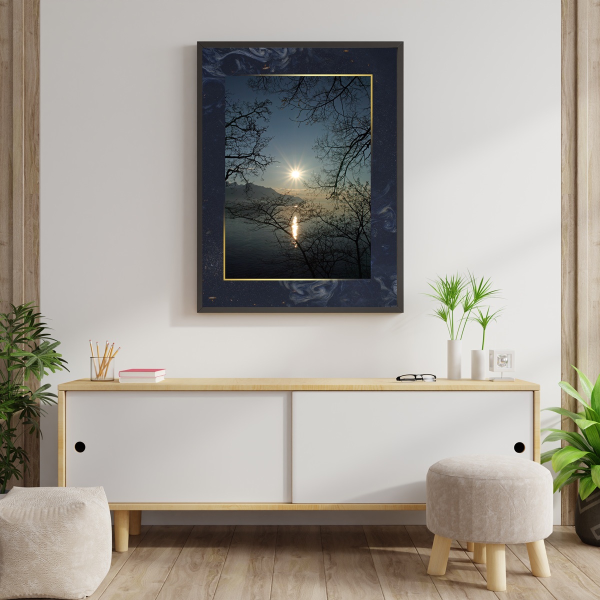 Tableau d'art Bleu et Or - Paysage - Bois MDF - 90x60 cm