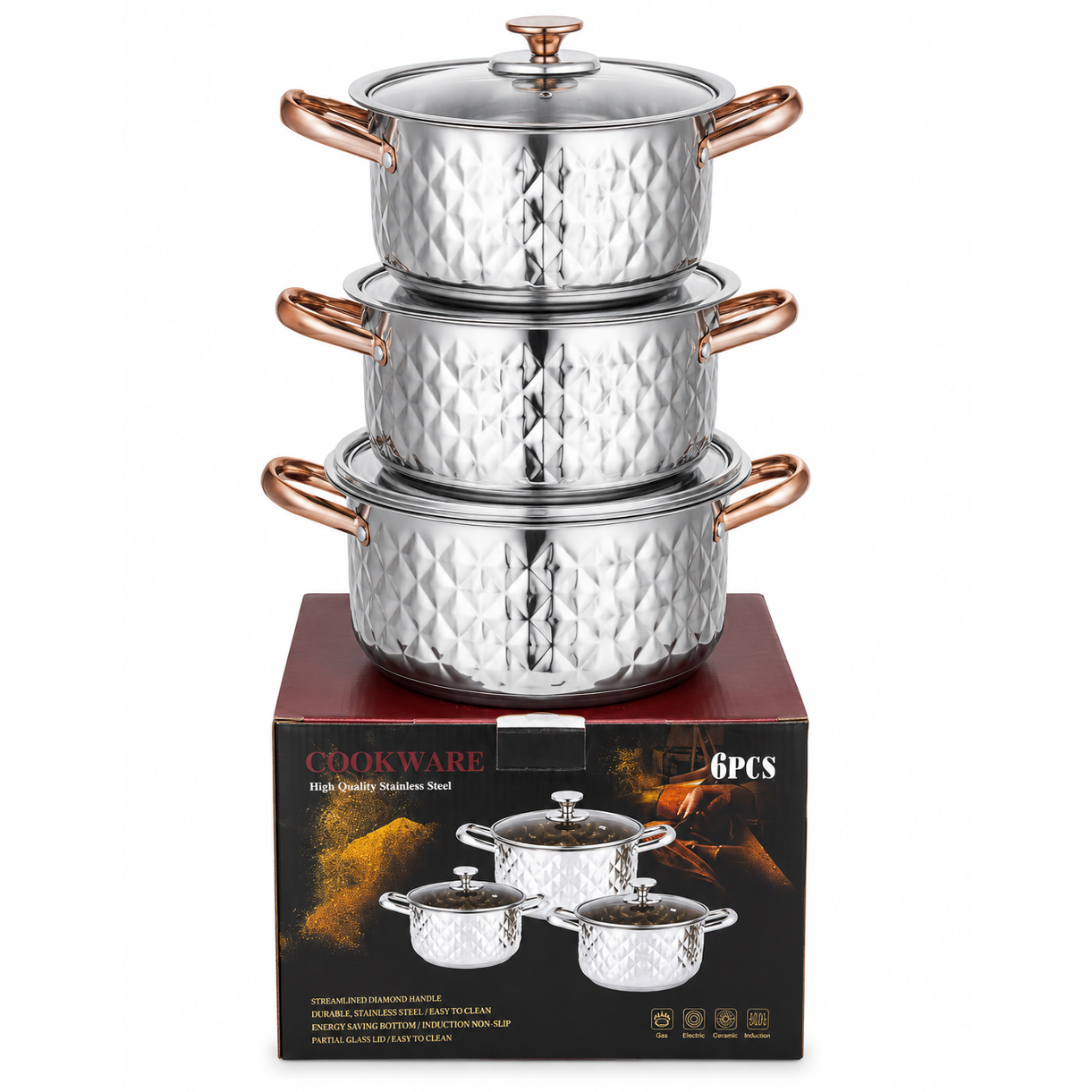 Set de 6 pièces de casseroles en acier inoxydable