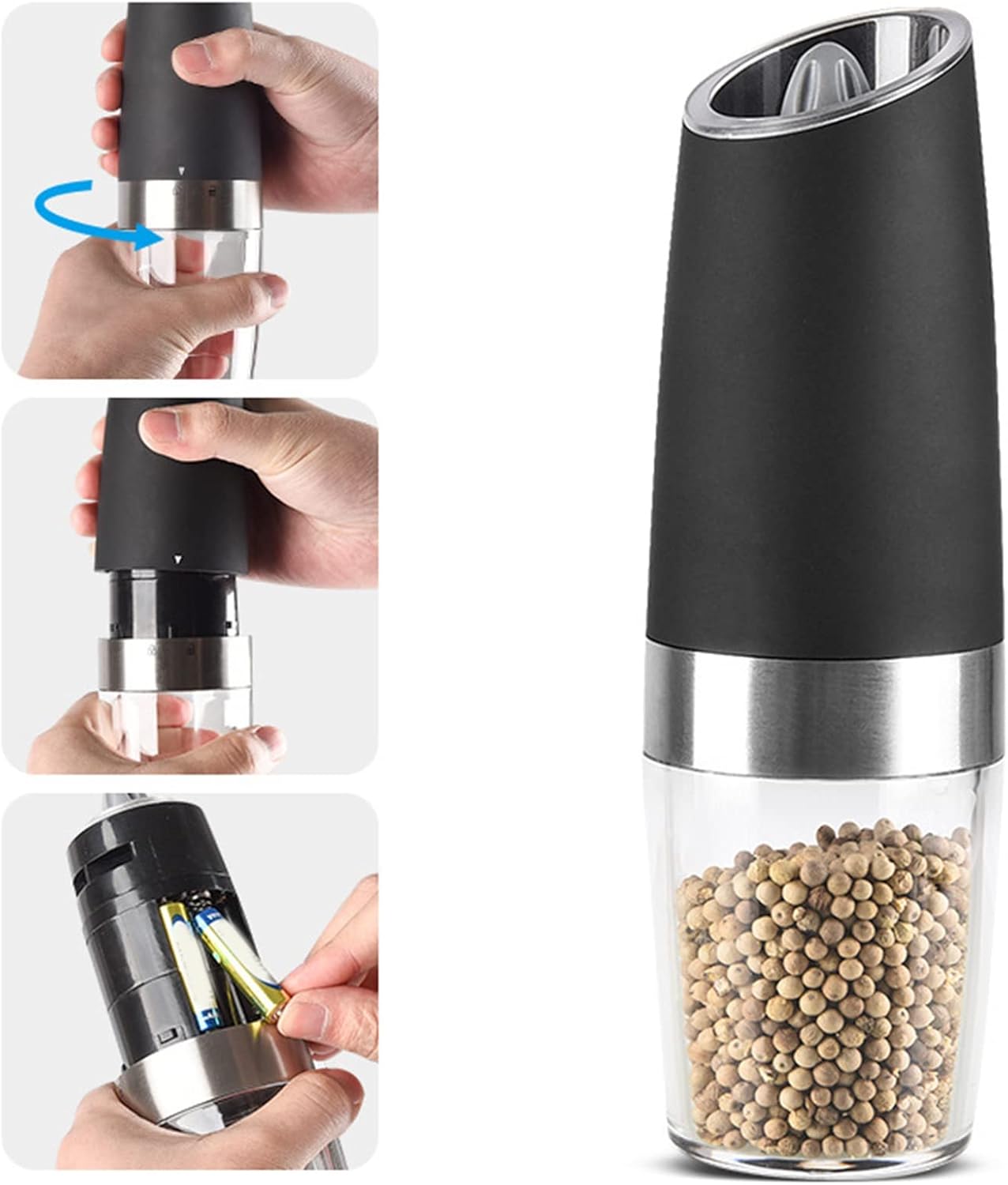 Moulin à piles en acier inoxydable avec lumière LED