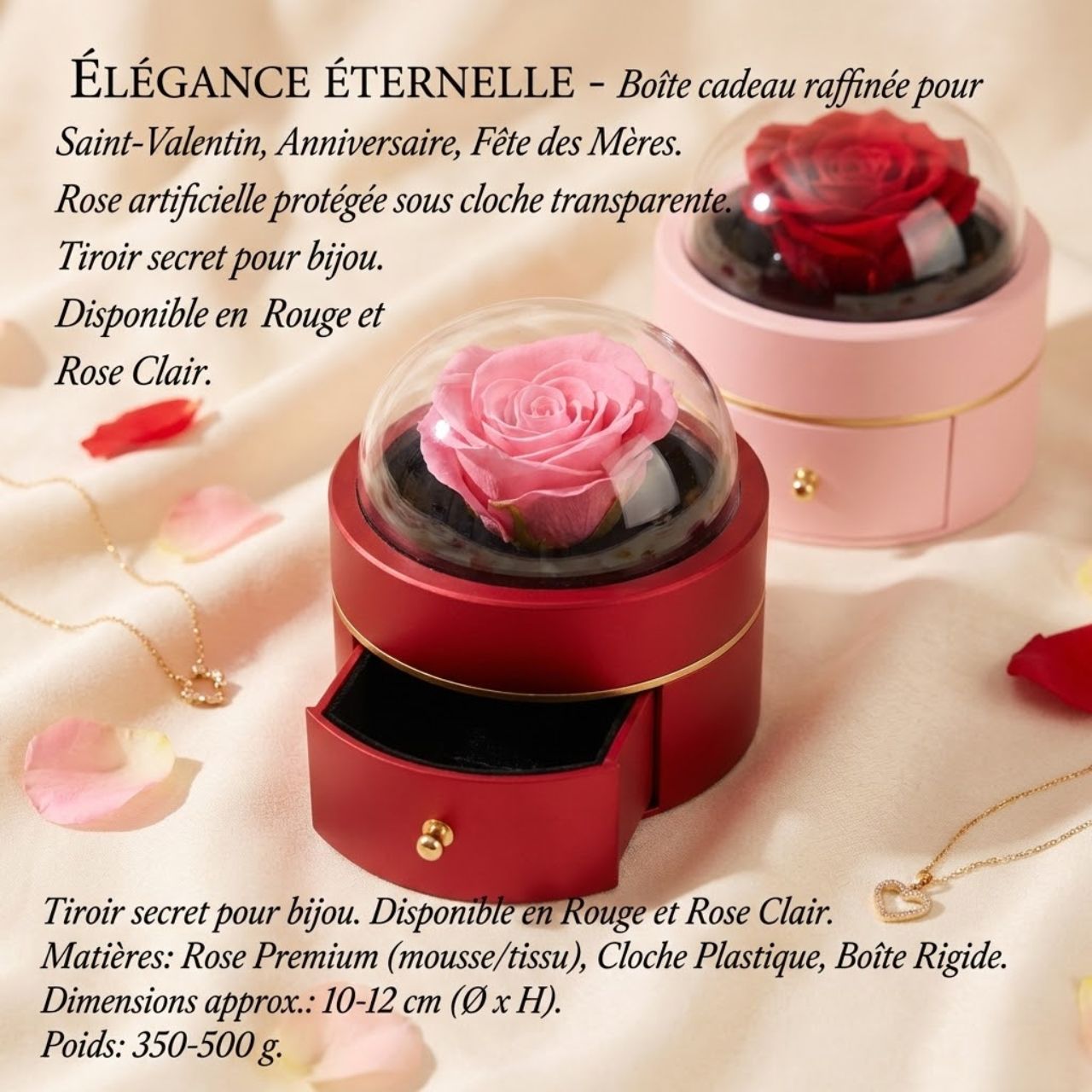 Boîte Cadeau Porte Bague avec Rose Éternelle – Coffret Romantique Rouge & Rose