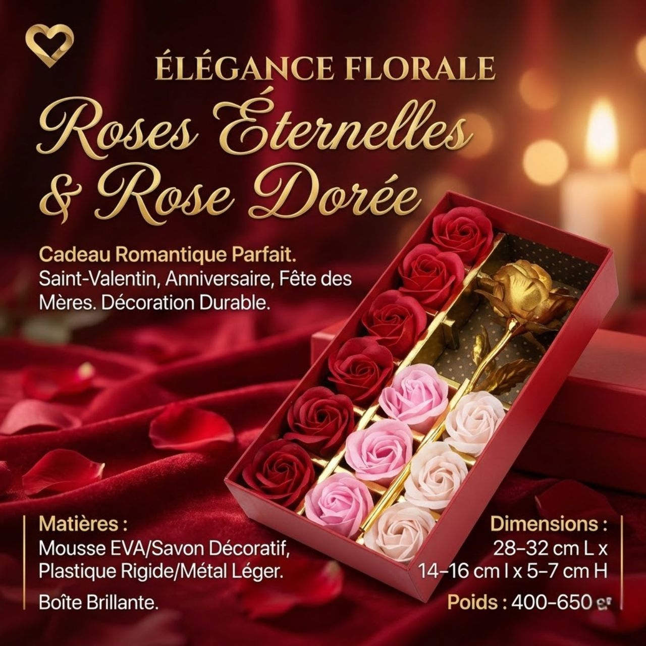 Boîte Cadeau avec Fleurs Éternelles & Rose Dorée – Coffret Romantique Élégant