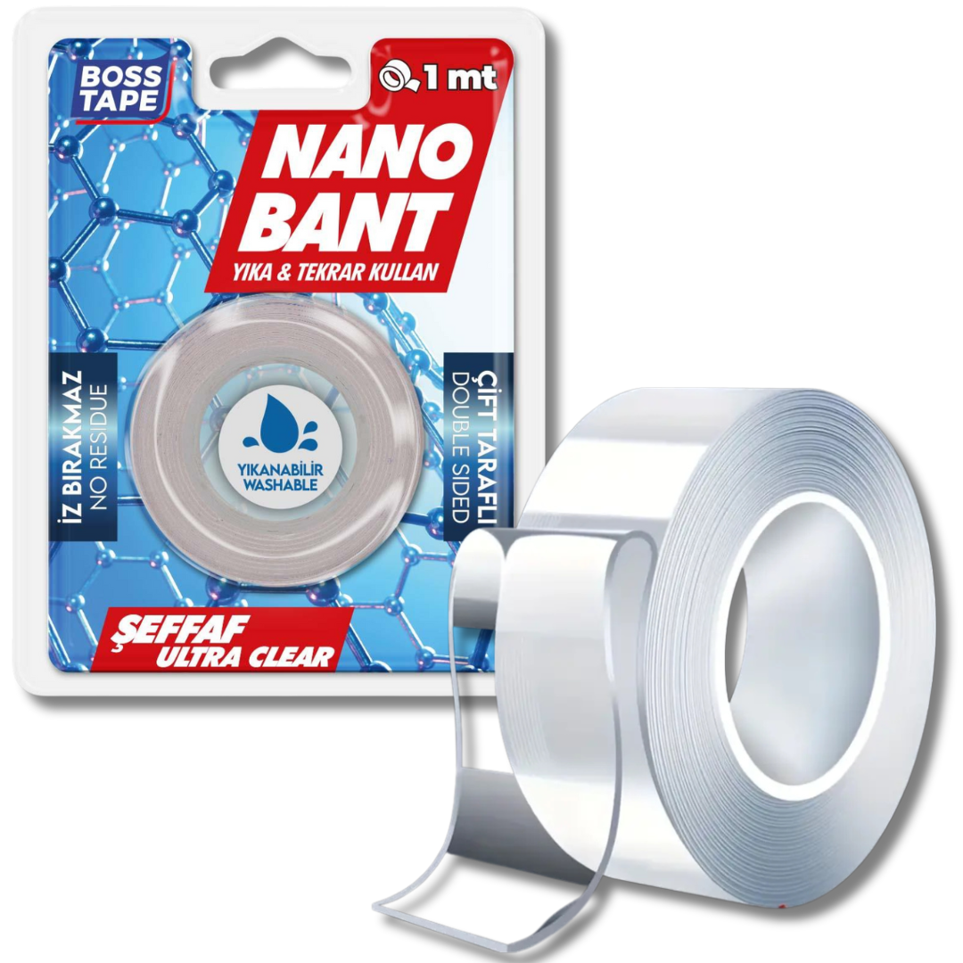 BOSS TAPE Double Face Nano Tape, Scotch Lavable et Réutilisable transparent 19mmx1m