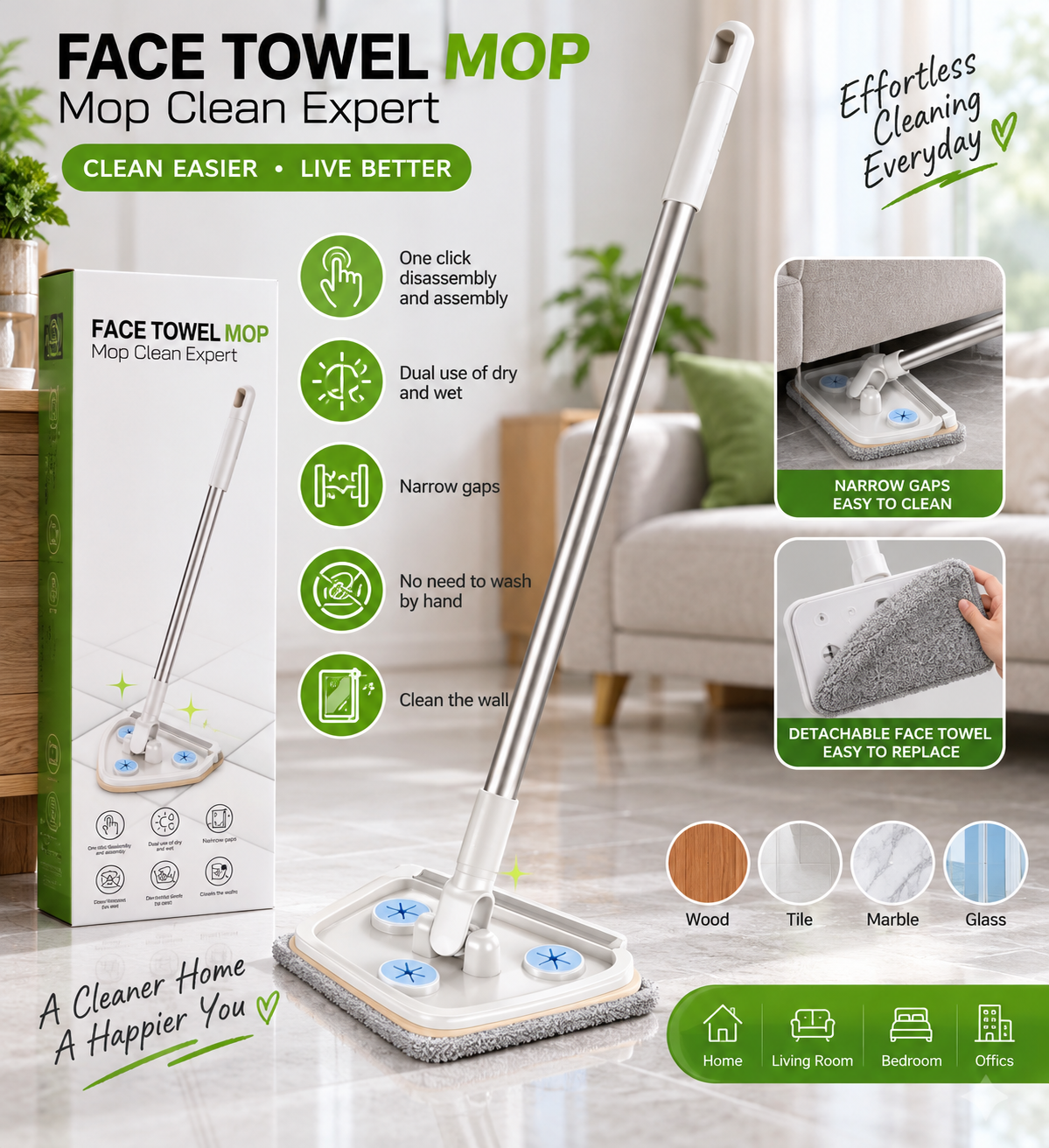 Balai Plat Multifonction Face Towel Mop avec Lingette Clipsable 1 Balai Plat Multifonction Face Towel Mop avec Lingette Clipsable