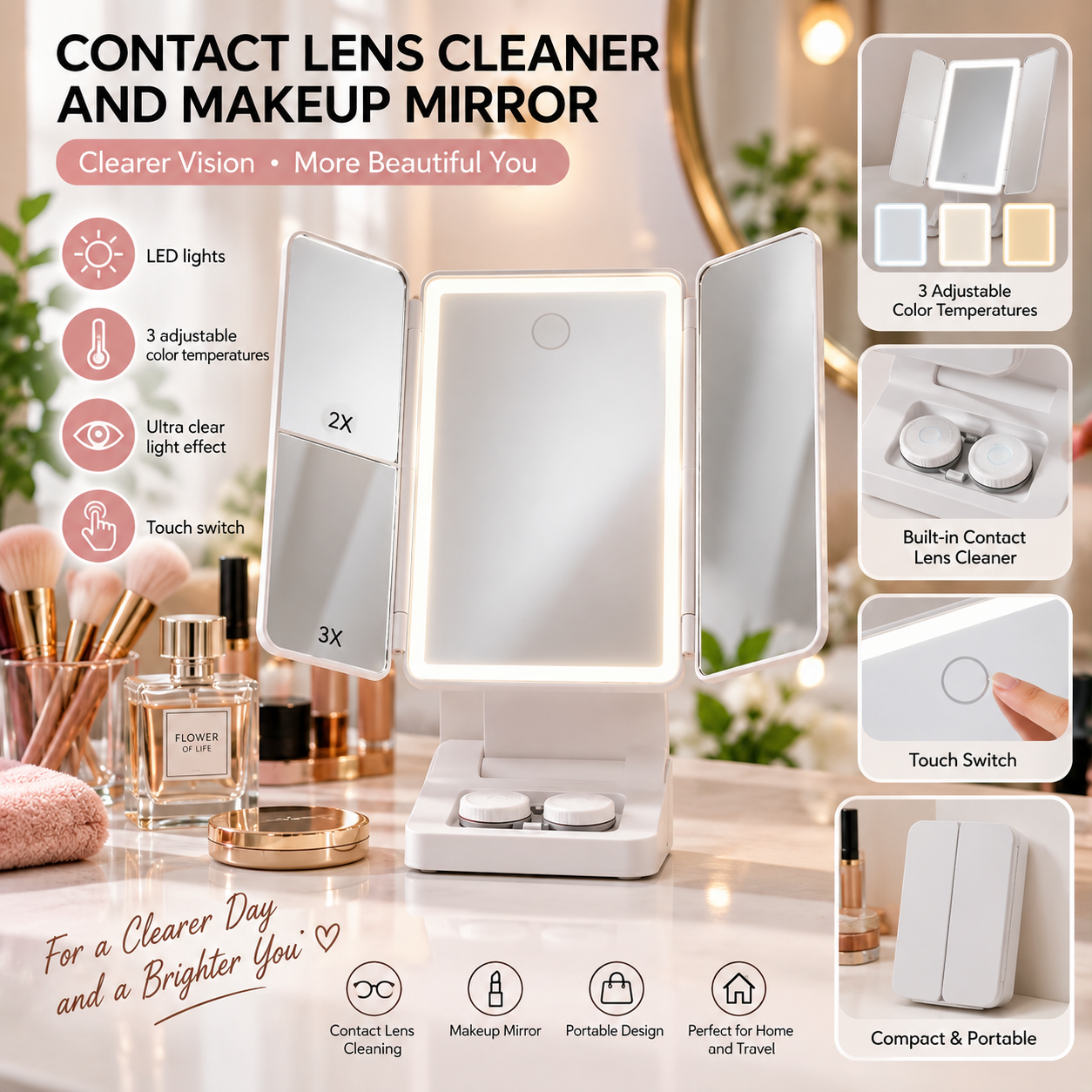 Miroir de Maquillage LED Pliable 3 Volets avec 3 Modes de Lumière