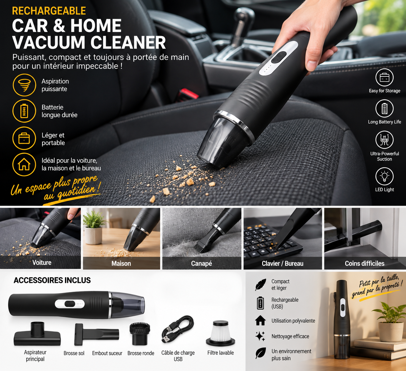 Aspirateur à Main Sans Fil Rechargeable Multifonction pour Maison et Voiture 1 Aspirateur à Main Sans Fil Rechargeable Multifonction pour Maison et Voiture