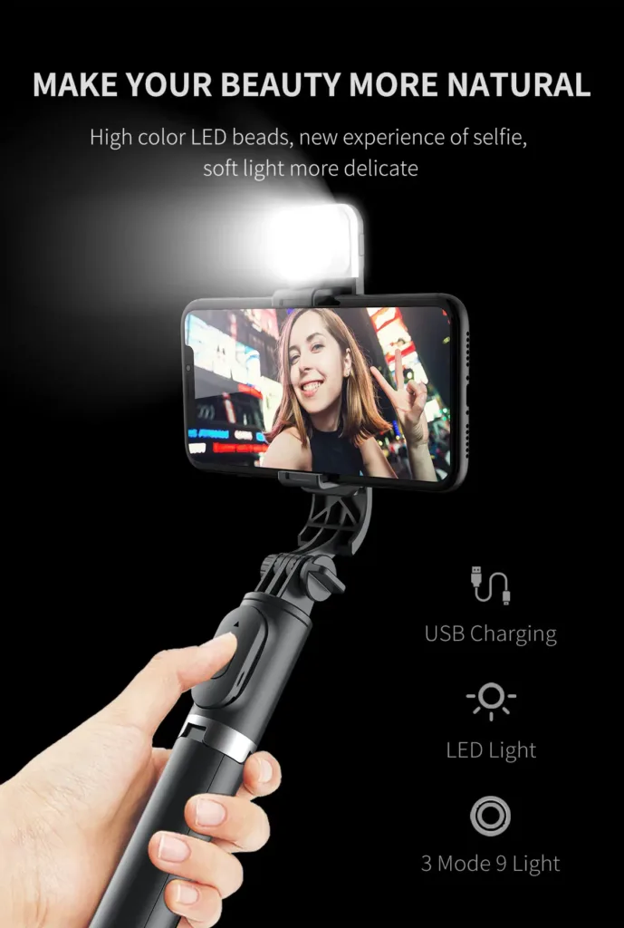 Selfie LED pliable sans fil Bluetooth, trépied avec commande à distance, lumière 3 couleurs