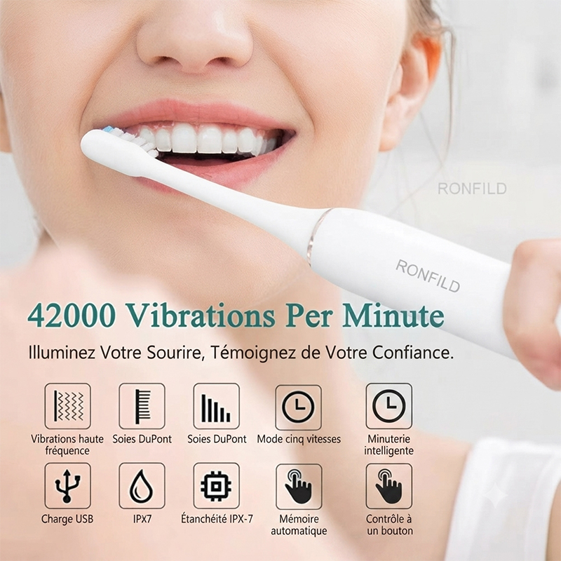 Brosse à Dents Électrique Sonic Rechargeable – 4 Brossettes