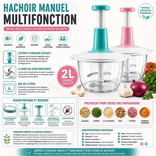 Hachoir Manuel Multifonction 2L - Presse-Purée et Hachoir Légumes