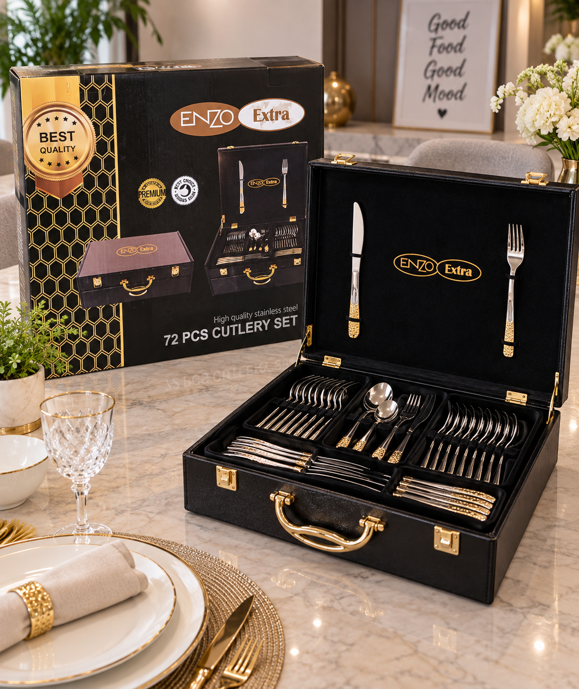 Ménagère de Table ENZO Extra 72 Pièces en Inox avec Coffret Luxe 1 Ménagère de Table ENZO Extra 72 Pièces en Inox avec Coffret Luxe