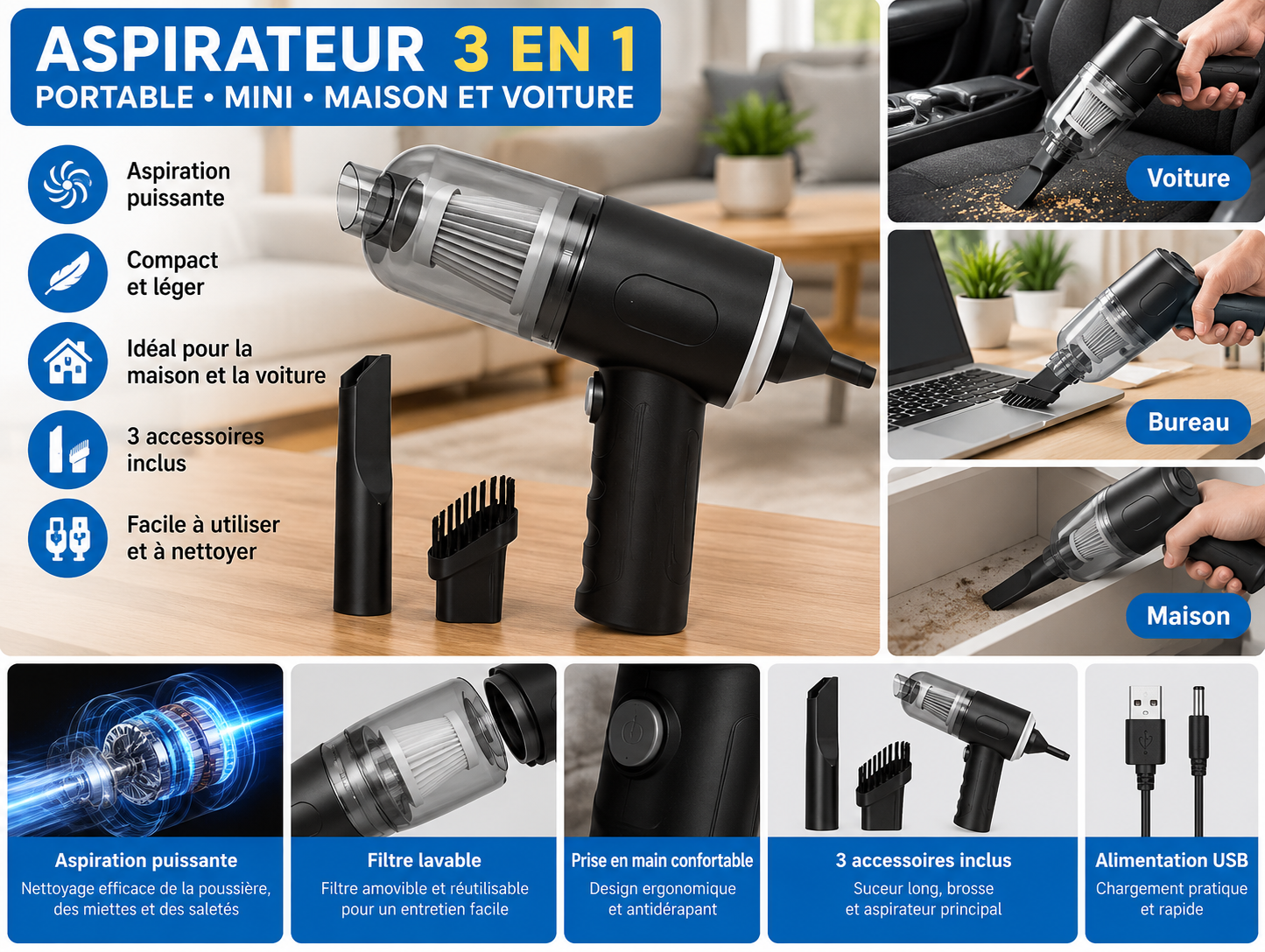 Mini Aspirateur Portable 3 en 1 Sans Fil Puissant Rechargeable USB